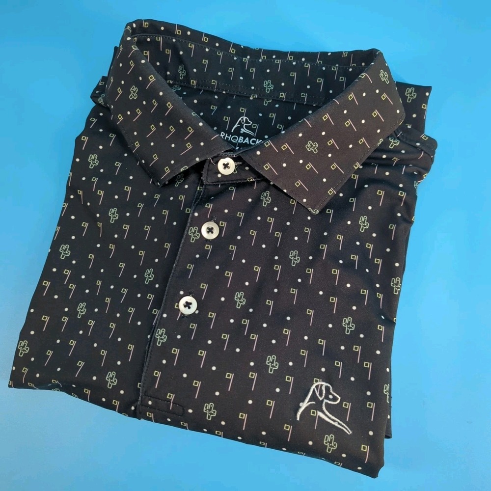 Rhoback Polo Shirt Mens XL Black AOP Cactus Performance Stretch Golf Preppy